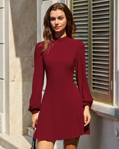 Slit Hem Dress With Stand Collar And Lightweight Sleeves For Special Occasions
