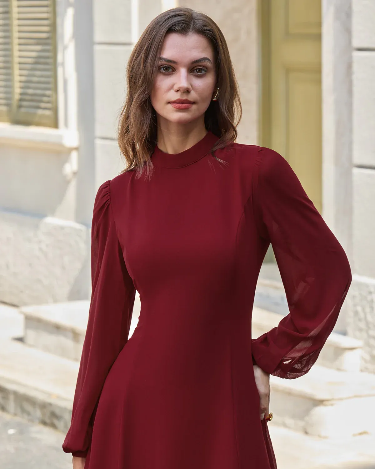 Slit Hem Dress With Stand Collar And Lightweight Sleeves For Special Occasions