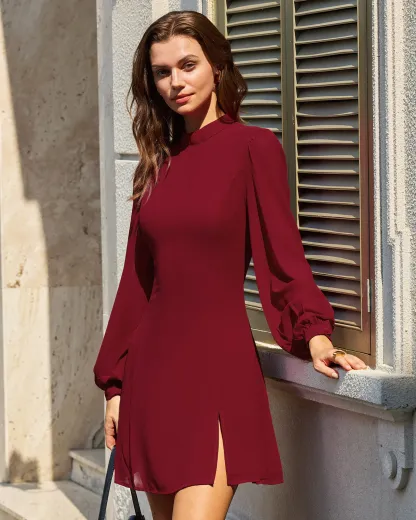 Slit Hem Dress With Stand Collar And Lightweight Sleeves For Special Occasions
