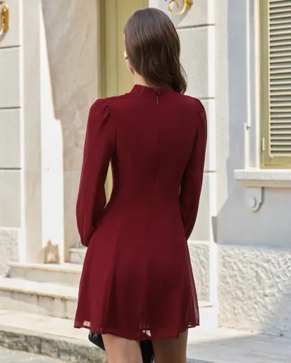 Slit Hem Dress With Stand Collar And Lightweight Sleeves For Special Occasions