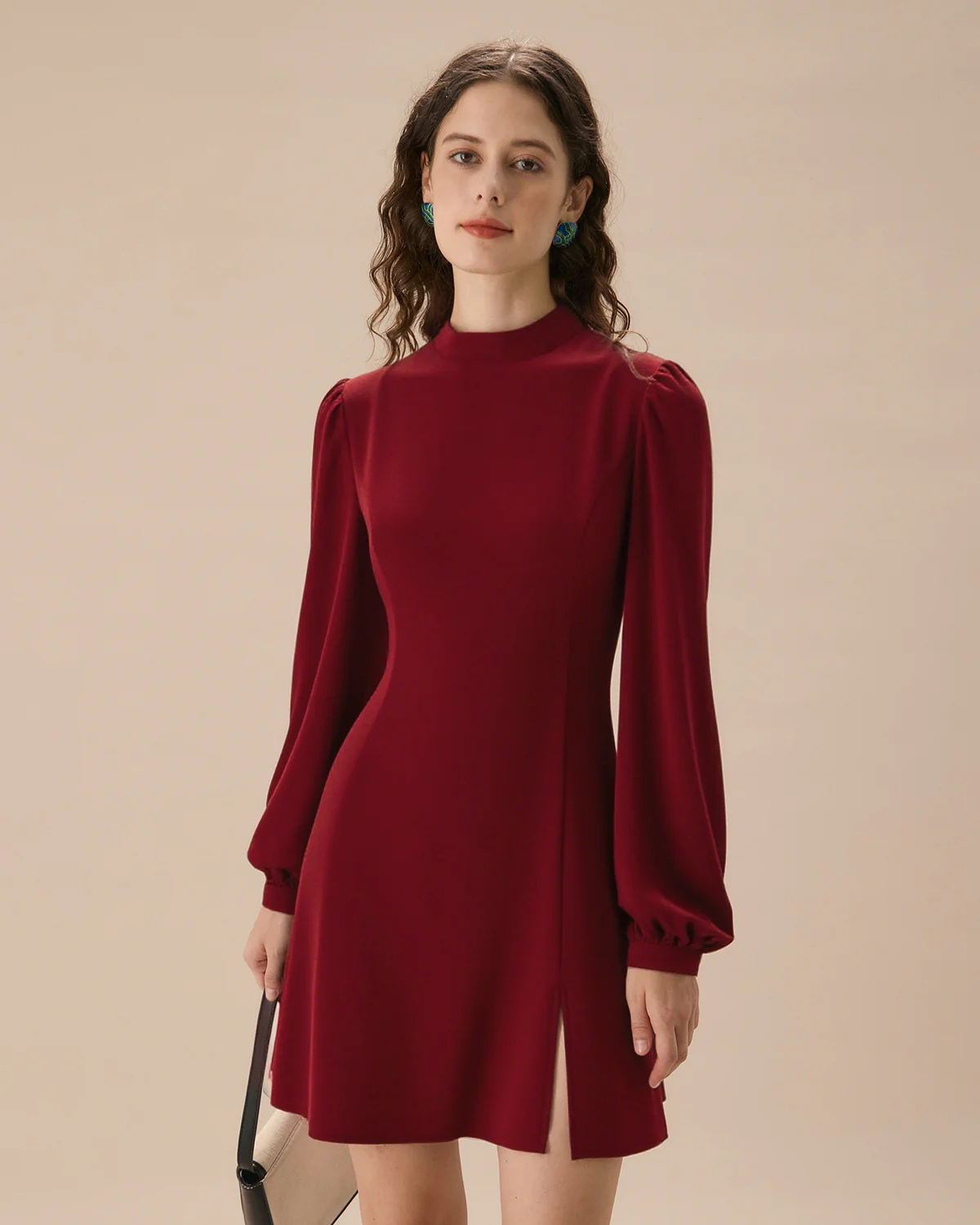 Slit Hem Dress With Stand Collar And Lightweight Sleeves For Special Occasions