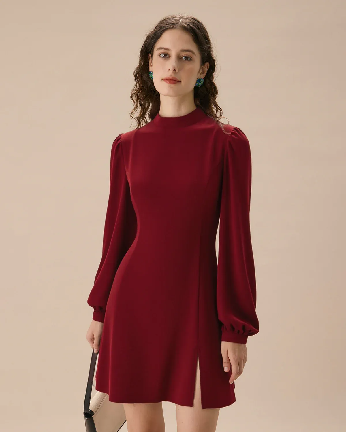 Slit Hem Dress With Stand Collar And Lightweight Sleeves For Special Occasions