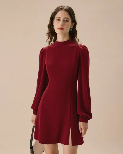 Slit Hem Dress With Stand Collar And Lightweight Sleeves For Special Occasions