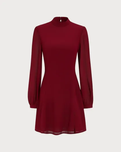 Slit Hem Dress With Stand Collar And Lightweight Sleeves For Special Occasions