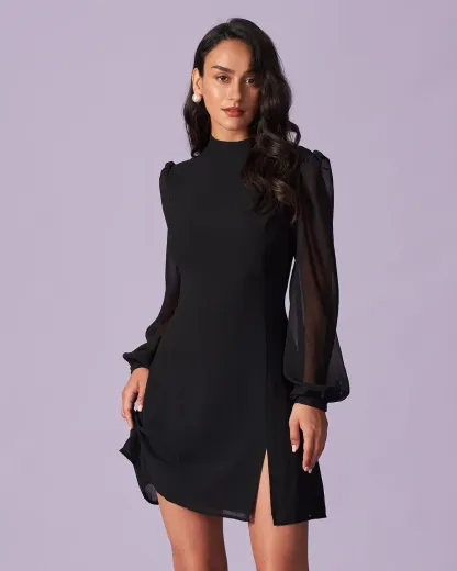 Slit Hem Dress With Stand Collar And Lightweight Sleeves For Special Occasions