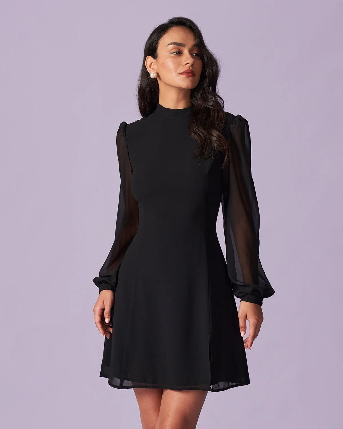 Slit Hem Dress With Stand Collar And Lightweight Sleeves For Special Occasions