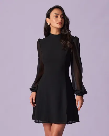 Slit Hem Dress With Stand Collar And Lightweight Sleeves For Special Occasions