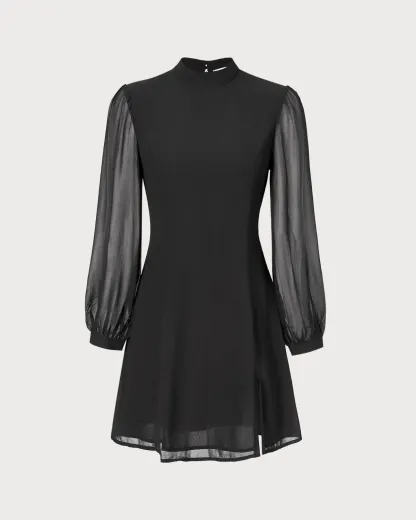 Slit Hem Dress With Stand Collar And Lightweight Sleeves For Special Occasions