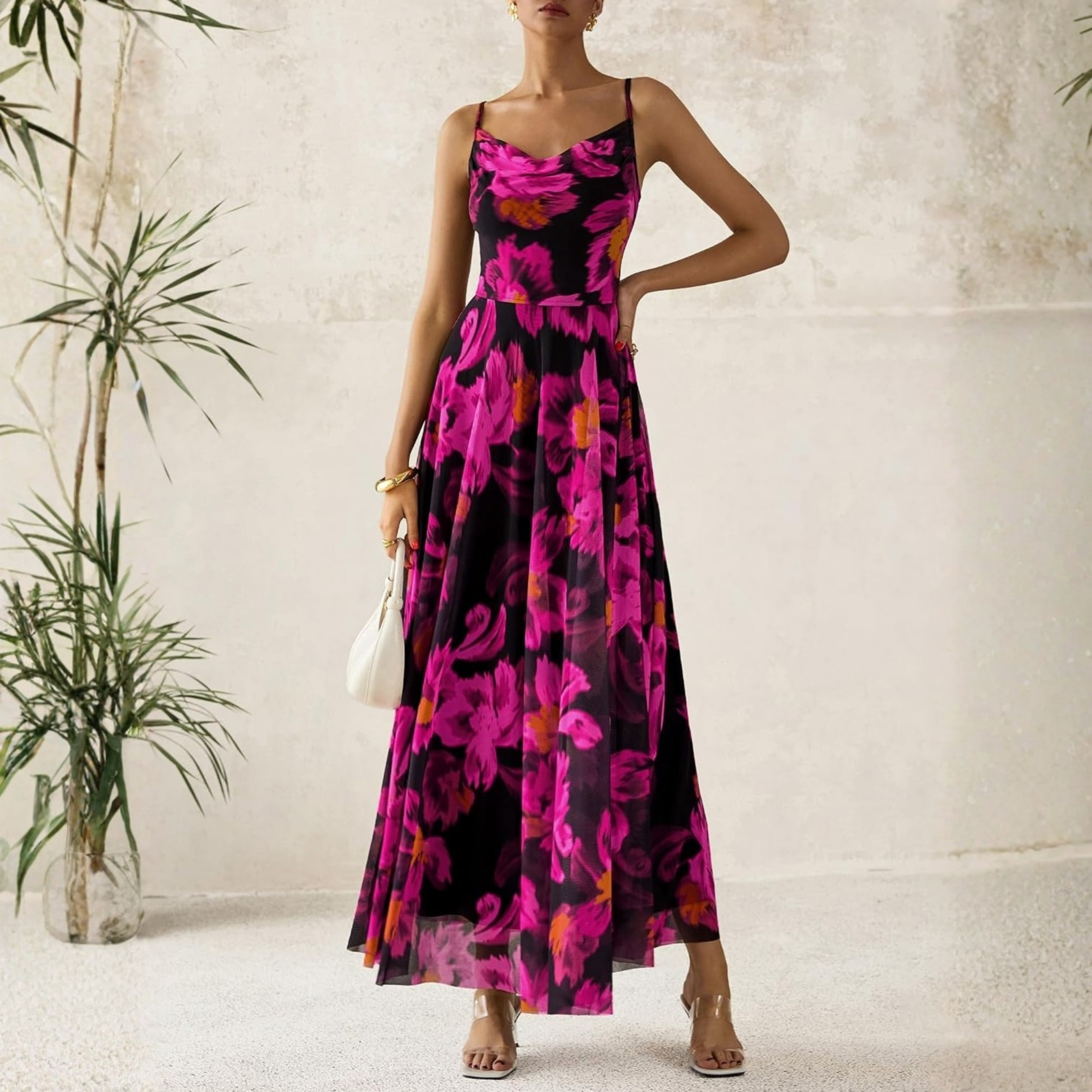 Spaghetti Strap Printed Beach Party Style Floral Maxi Dress 