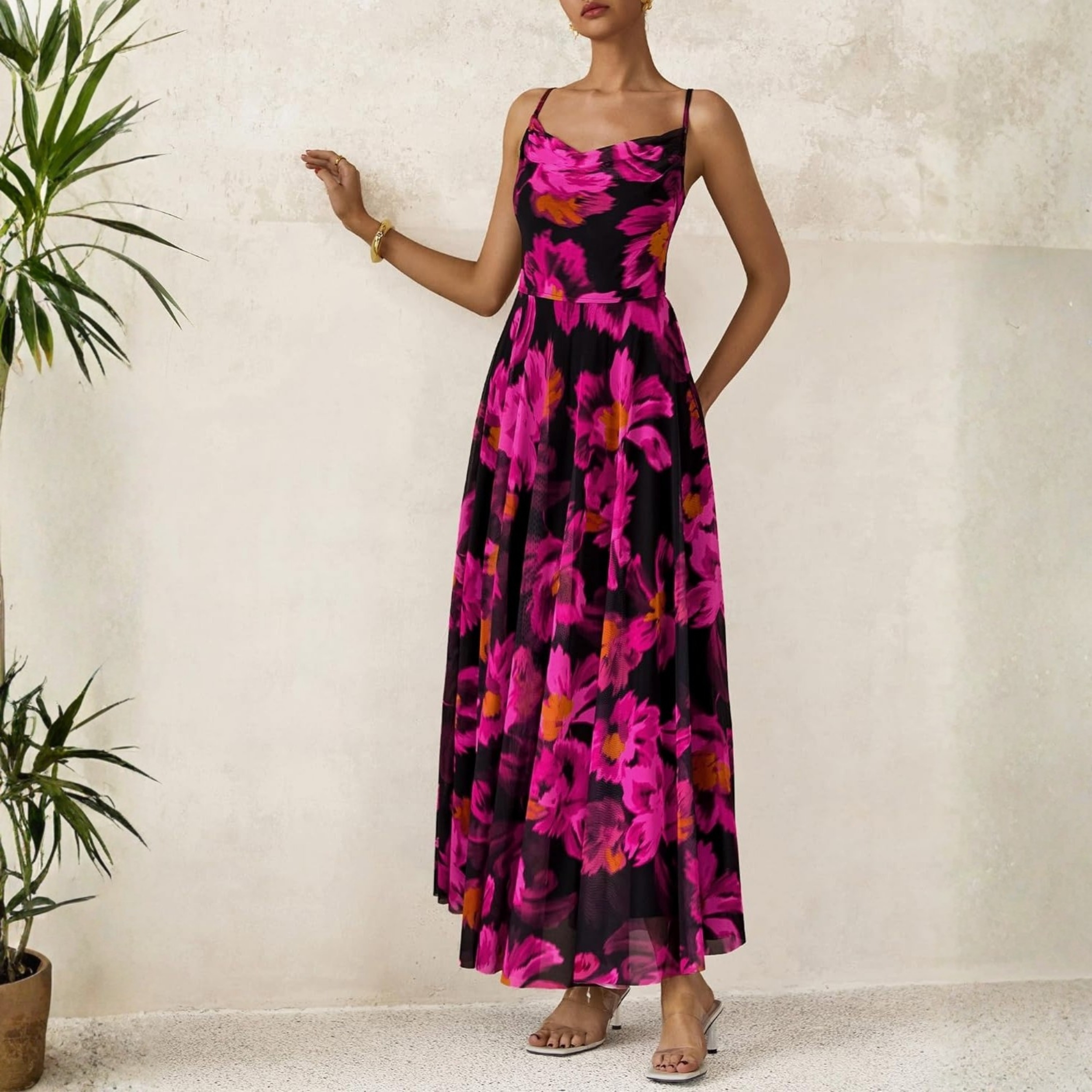 Spaghetti Strap Printed Beach Party Style Floral Maxi Dress 