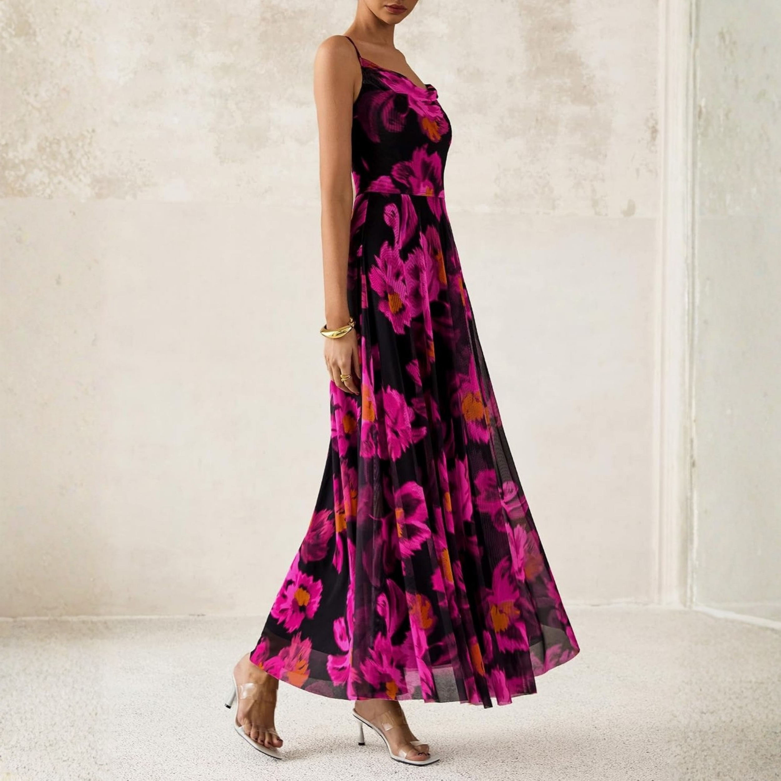 Spaghetti Strap Printed Beach Party Style Floral Maxi Dress 