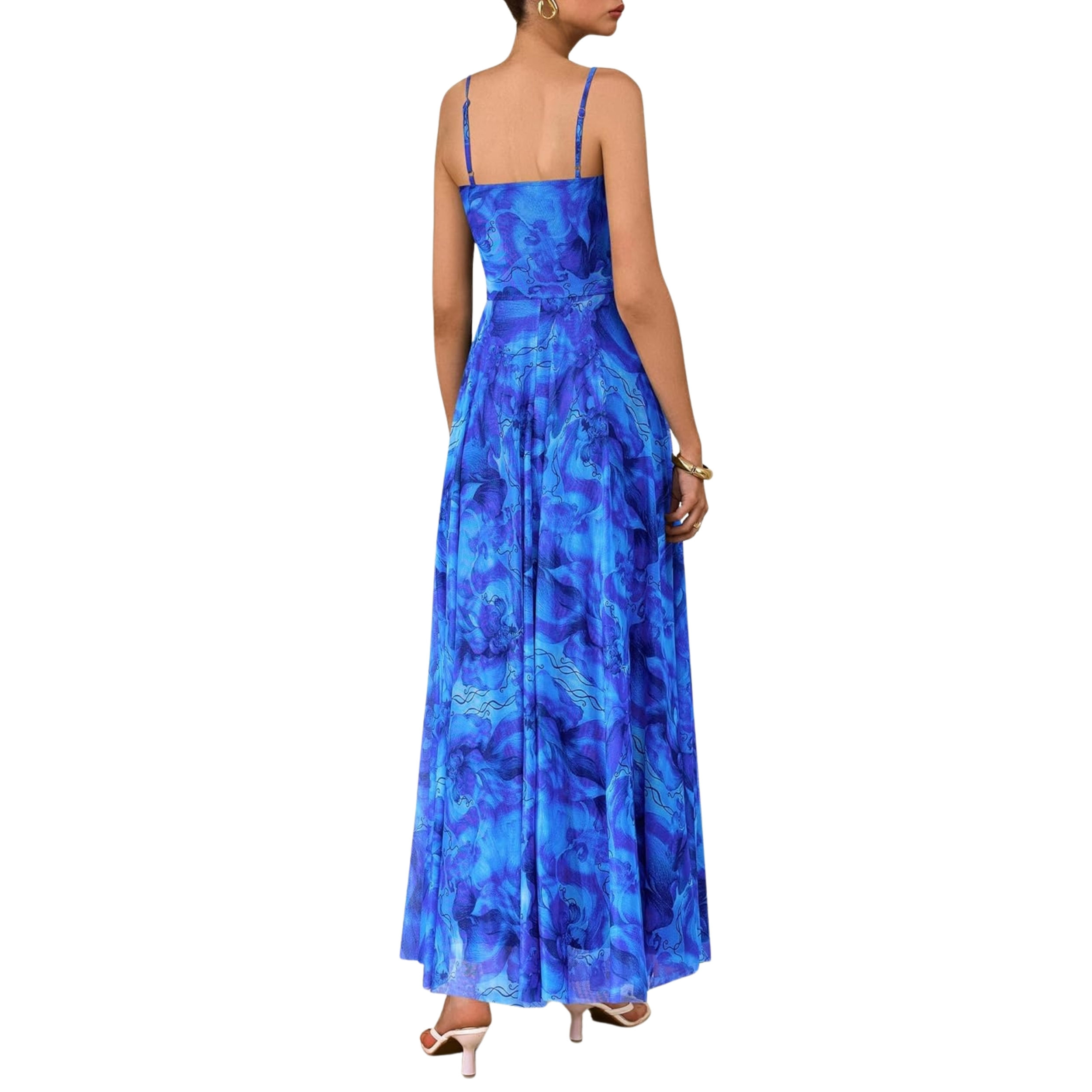 Spaghetti Strap Printed Beach Party Style Floral Maxi Dress 