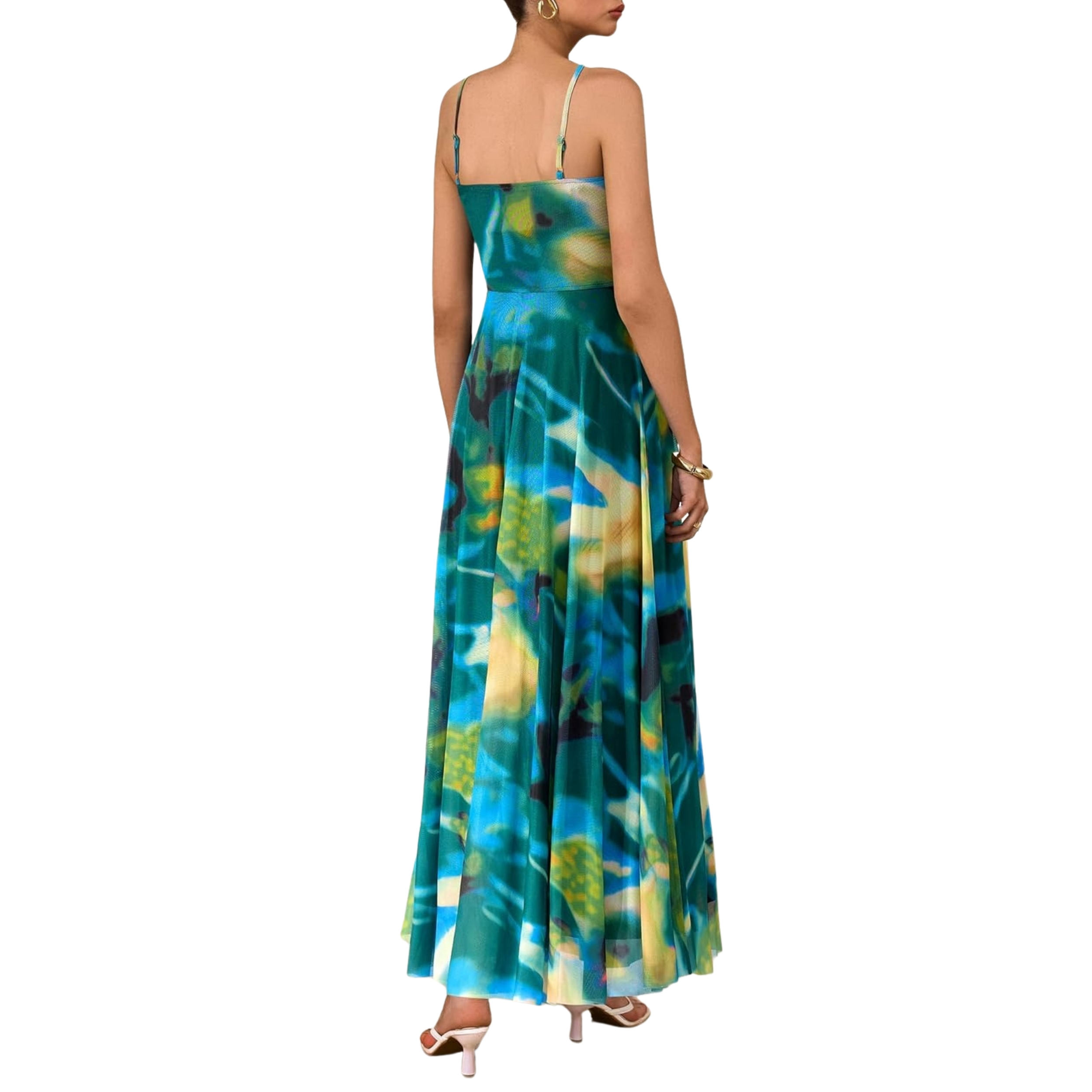 Spaghetti Strap Printed Beach Party Style Floral Maxi Dress 