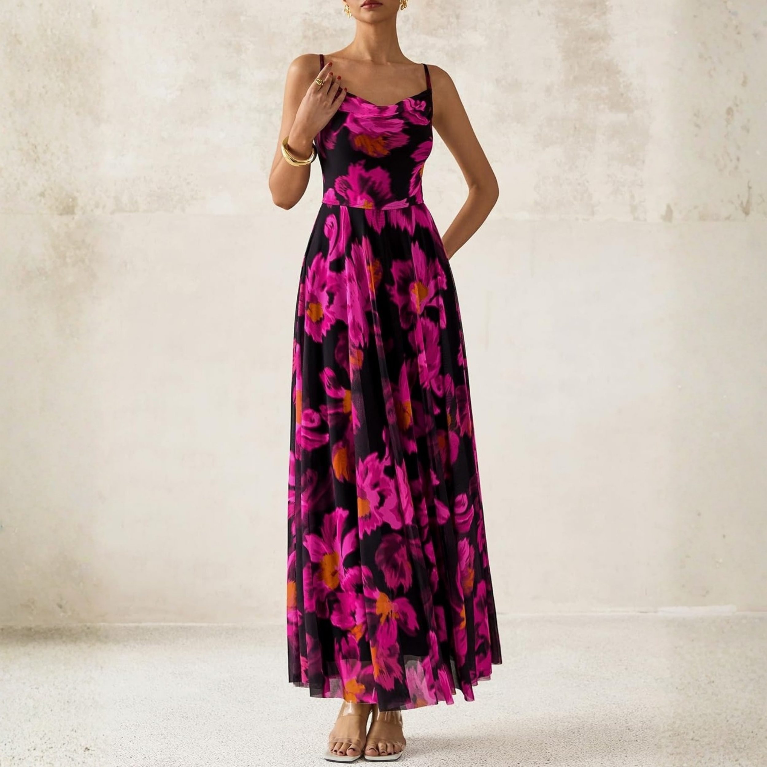 Spaghetti Strap Printed Beach Party Style Floral Maxi Dress 