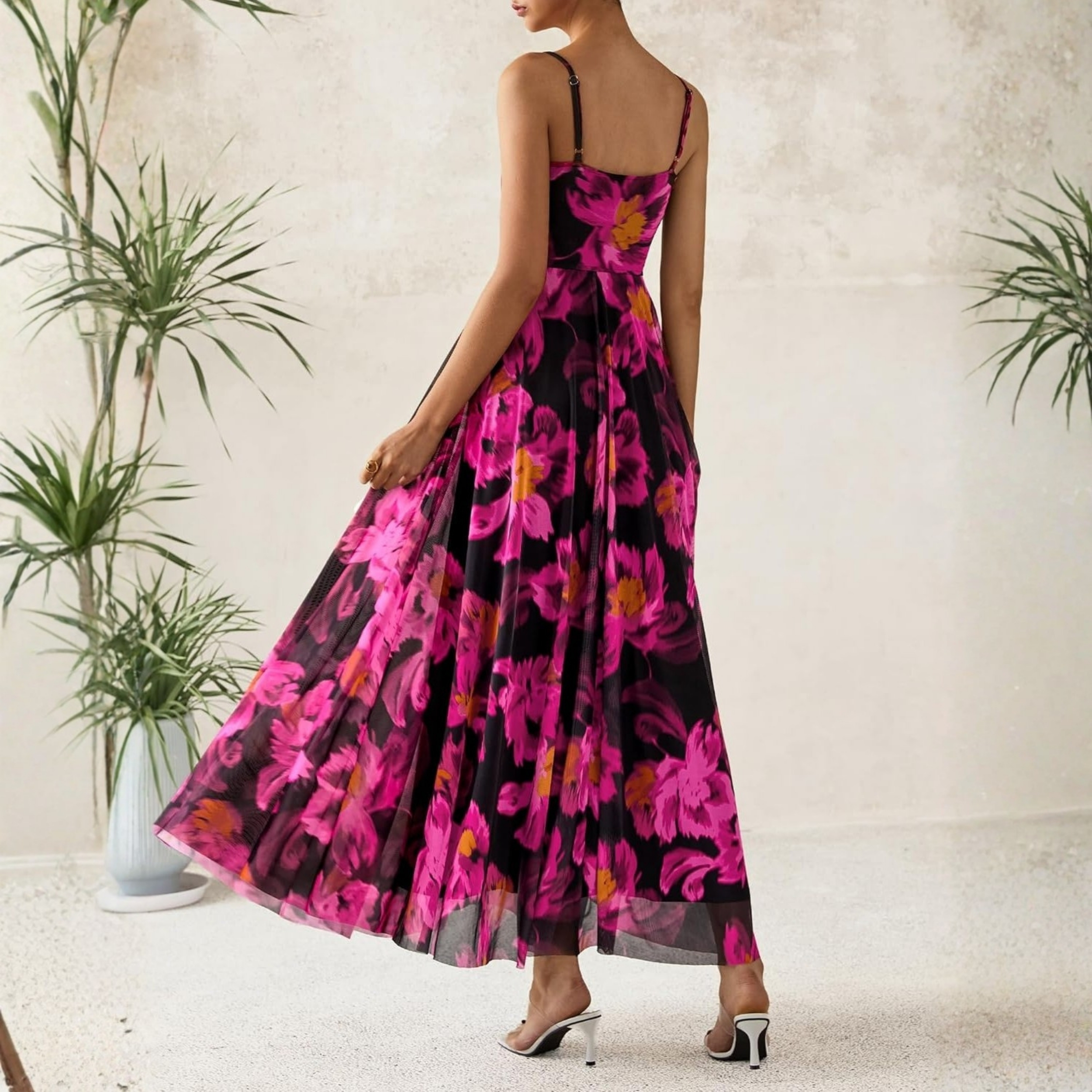 Spaghetti Strap Printed Beach Party Style Floral Maxi Dress 