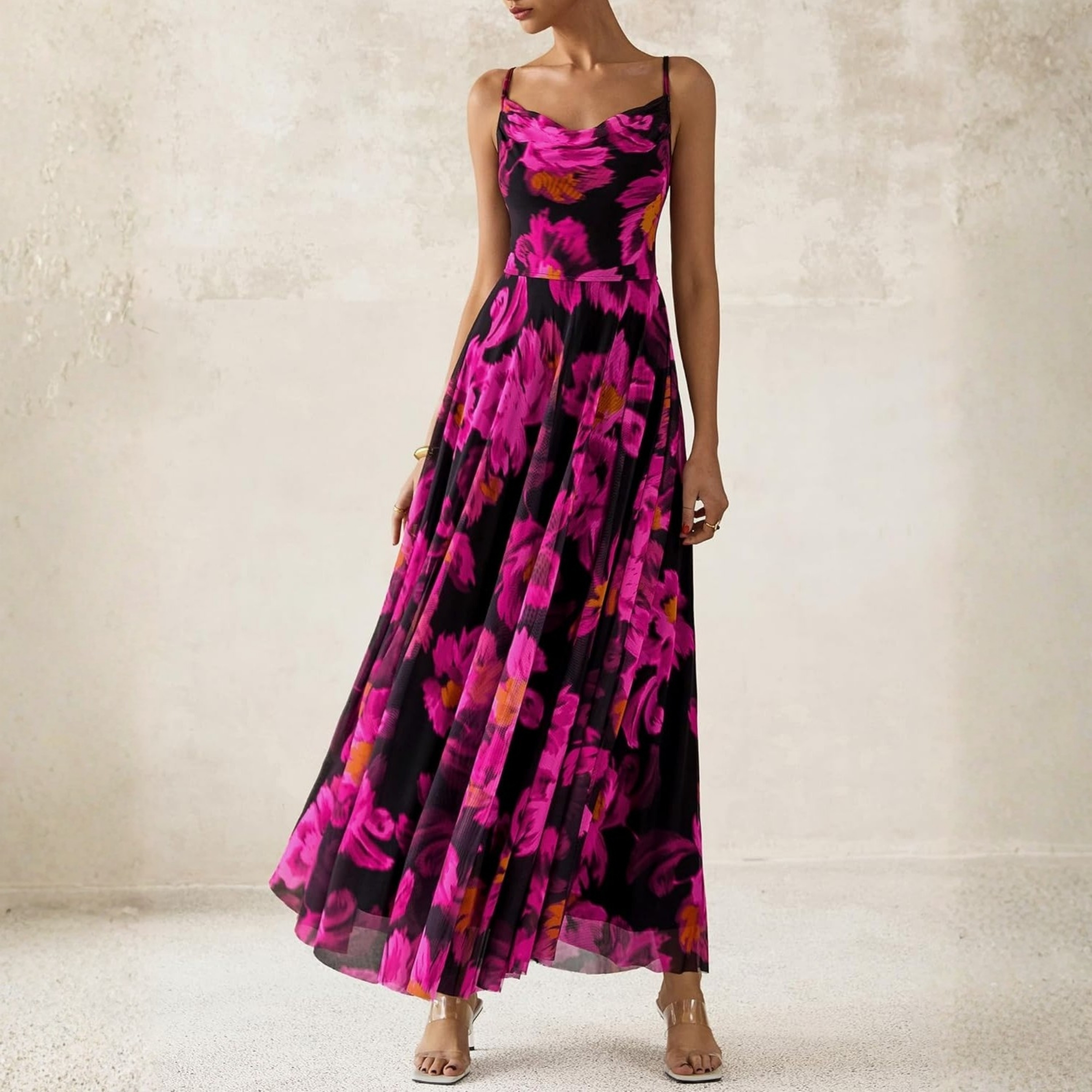Spaghetti Strap Printed Beach Party Style Floral Maxi Dress 