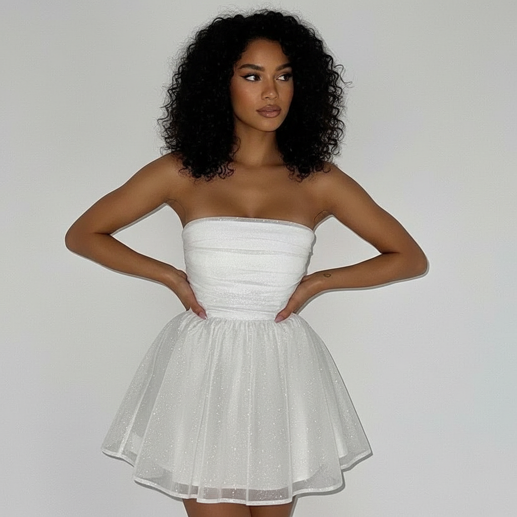 Strapless Glitter Mini Dress With Bow Back