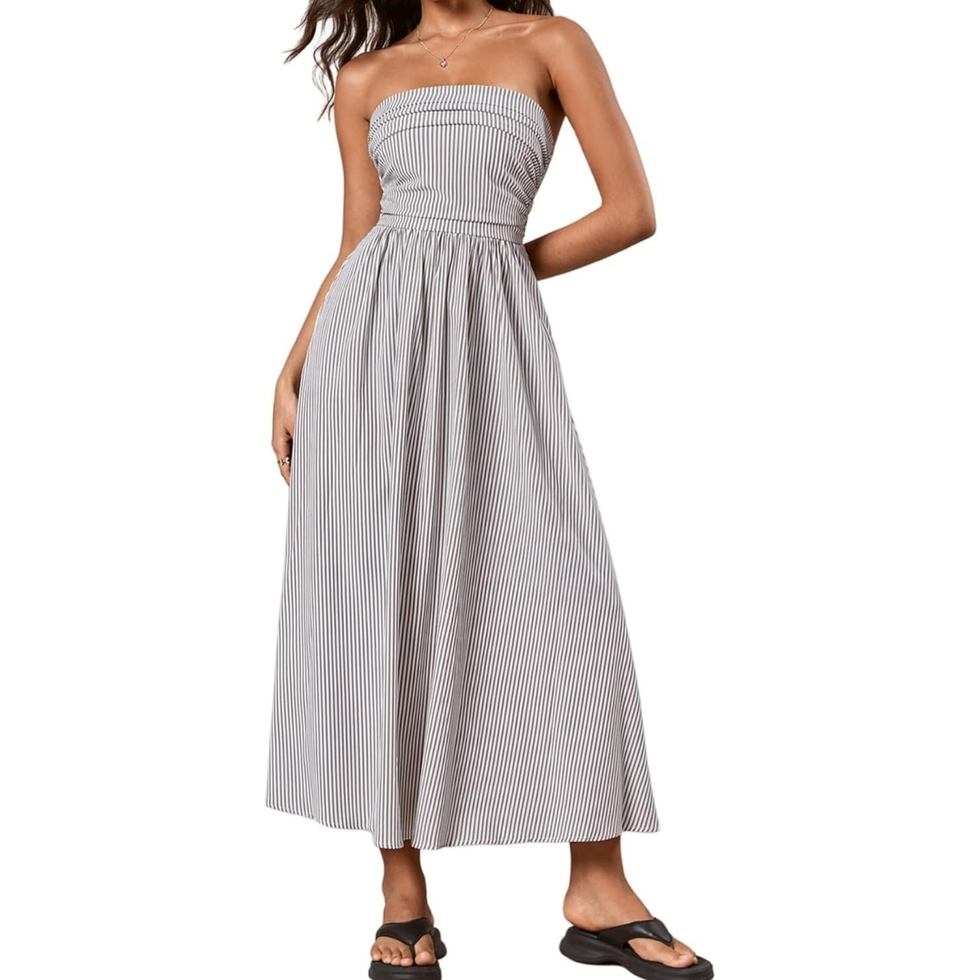Striped Strapless Maxi Dress With Pockets