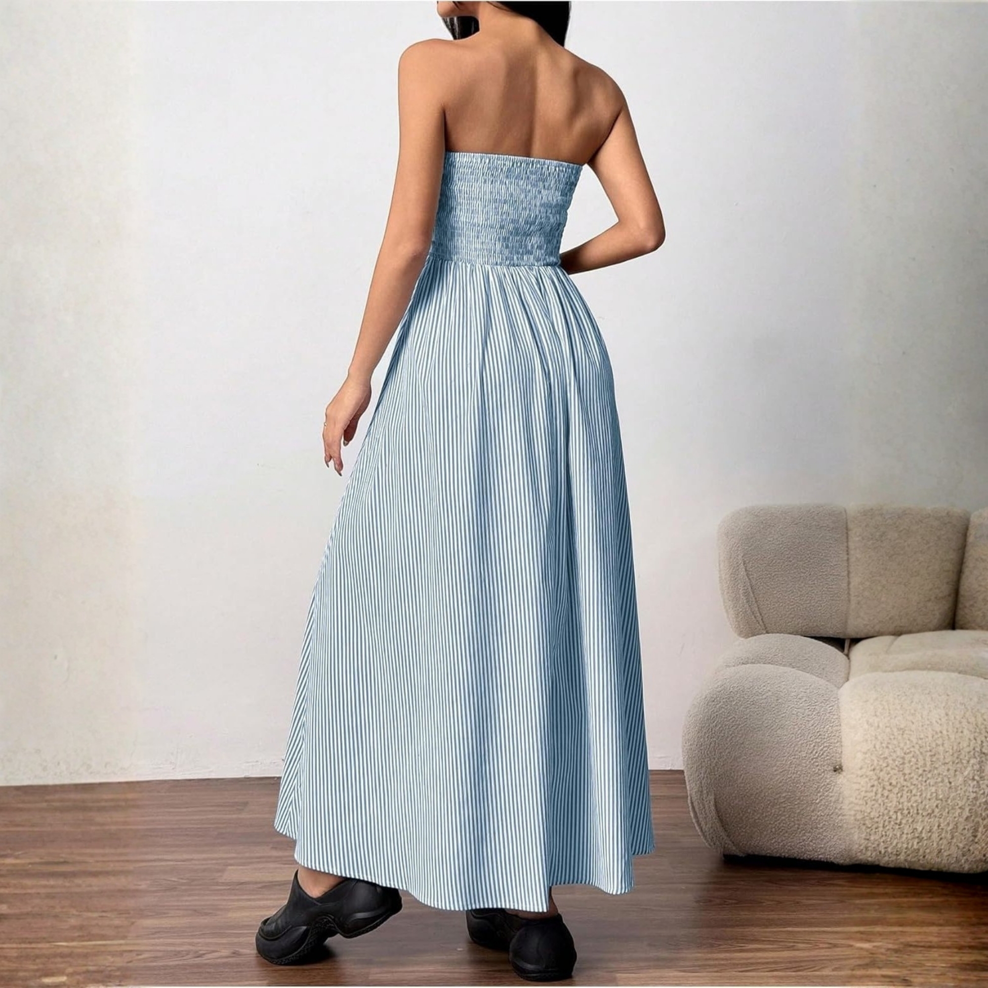 Striped Strapless Maxi Dress With Pockets
