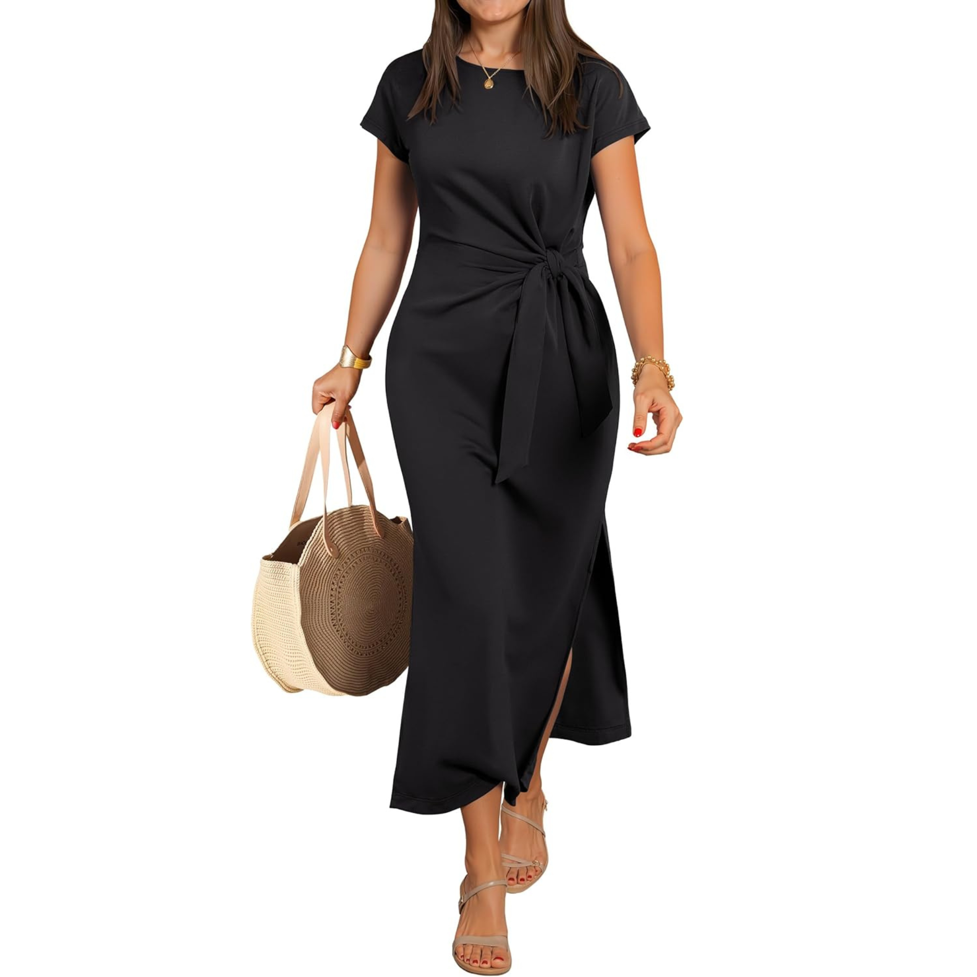 Women Summer Long Dress with Tie Waist and Side Split