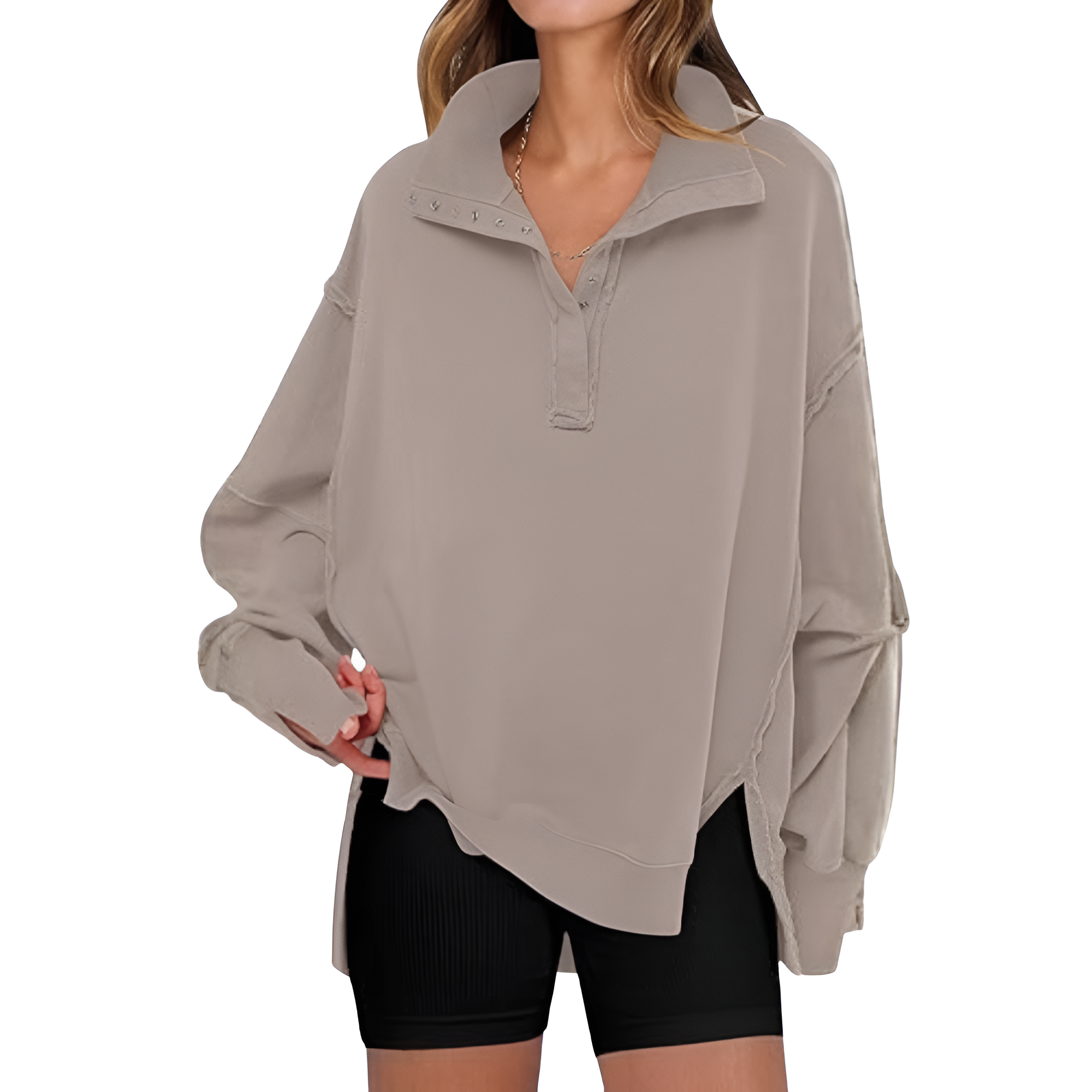 Oversized Sweatshirt With Button Up Henley Pullover For Women
