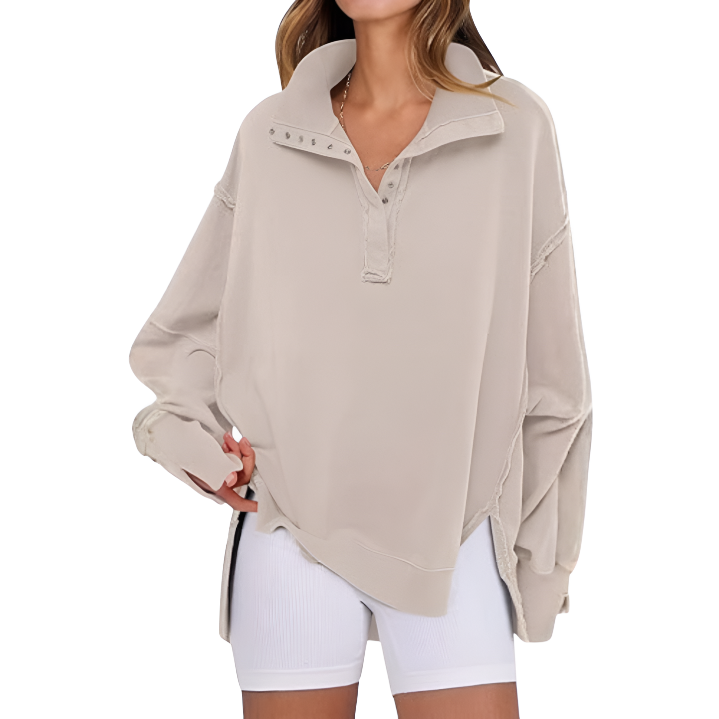 Oversized Sweatshirt With Button Up Henley Pullover For Women