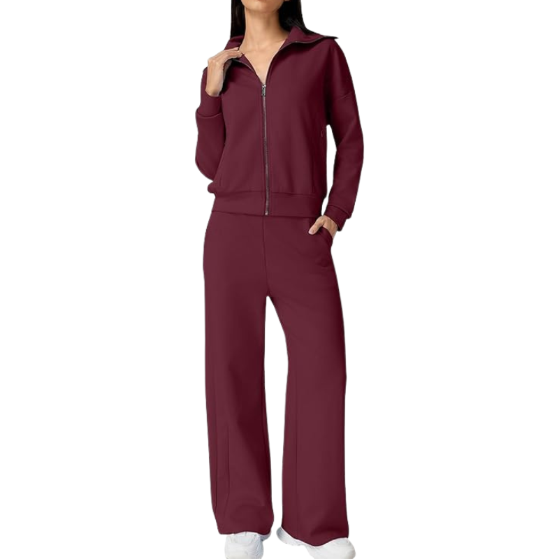 Womens Cotton 2 Piece Outfits Lapel Long Sleeve Zip Up Sweatshirt