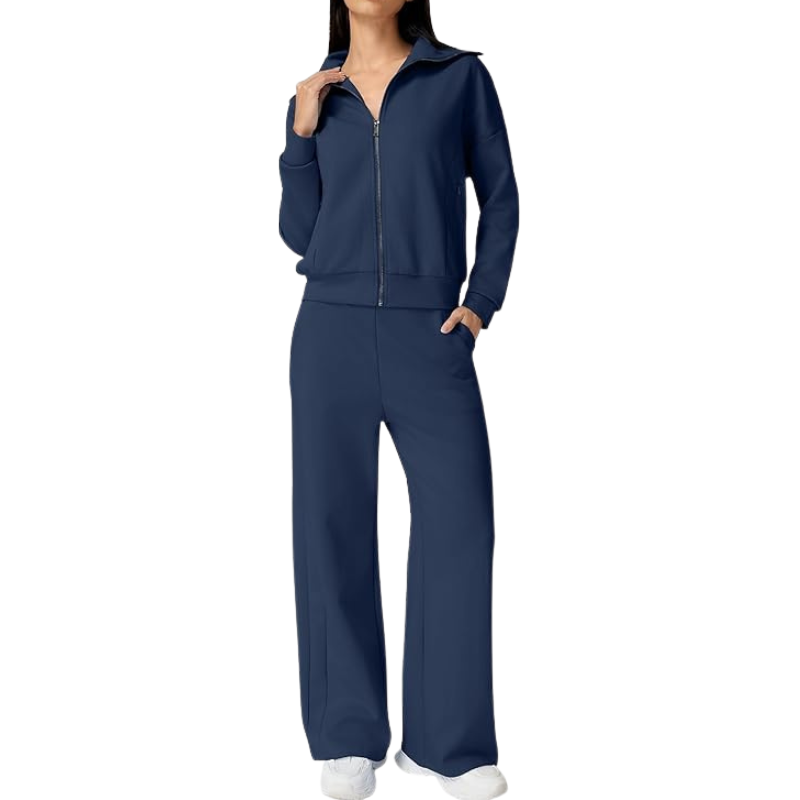 Womens Cotton 2 Piece Outfits Lapel Long Sleeve Zip Up Sweatshirt
