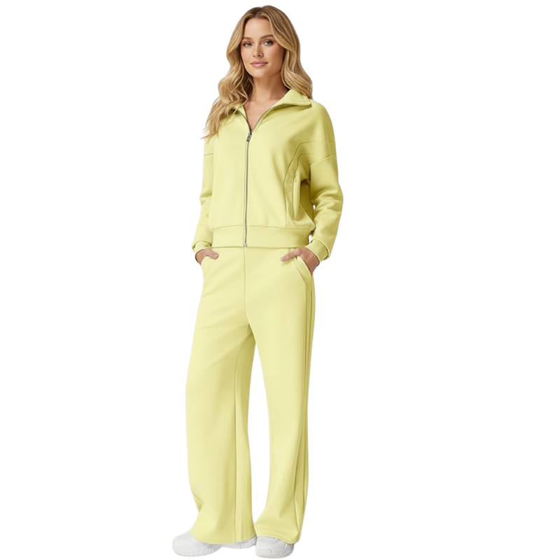 Womens Cotton 2 Piece Outfits Lapel Long Sleeve Zip Up Sweatshirt