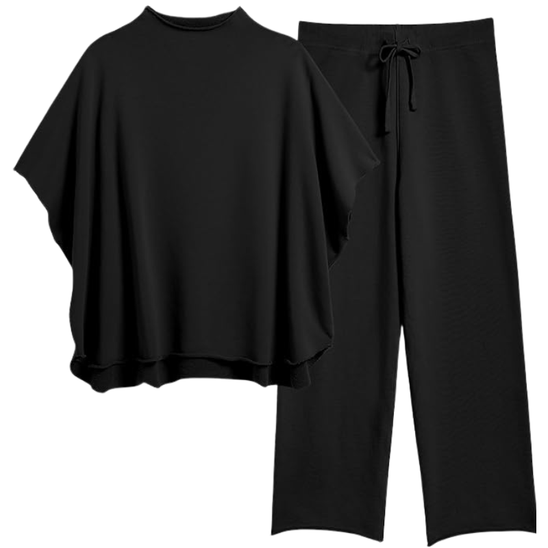 Womens Two Piece Outfits Batwing Sleeve Capelet Crew Neck Pullover Top Wide Leg Pants Lounge Set