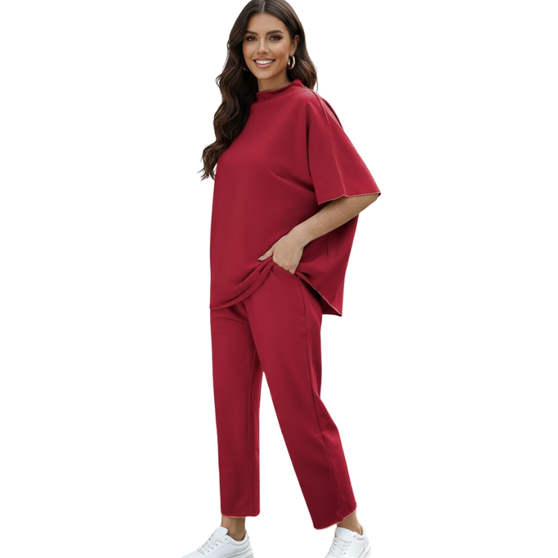 Womens Two Piece Outfits Batwing Sleeve Capelet Crew Neck Pullover Top Wide Leg Pants Lounge Set