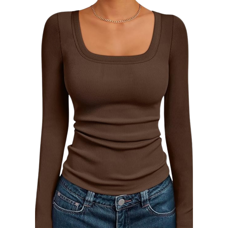 Womens Ribbed Square Neck Top Long Sleeve Slim Fit Basic Shirt For Fall Winter Spring Casual Crop Tee