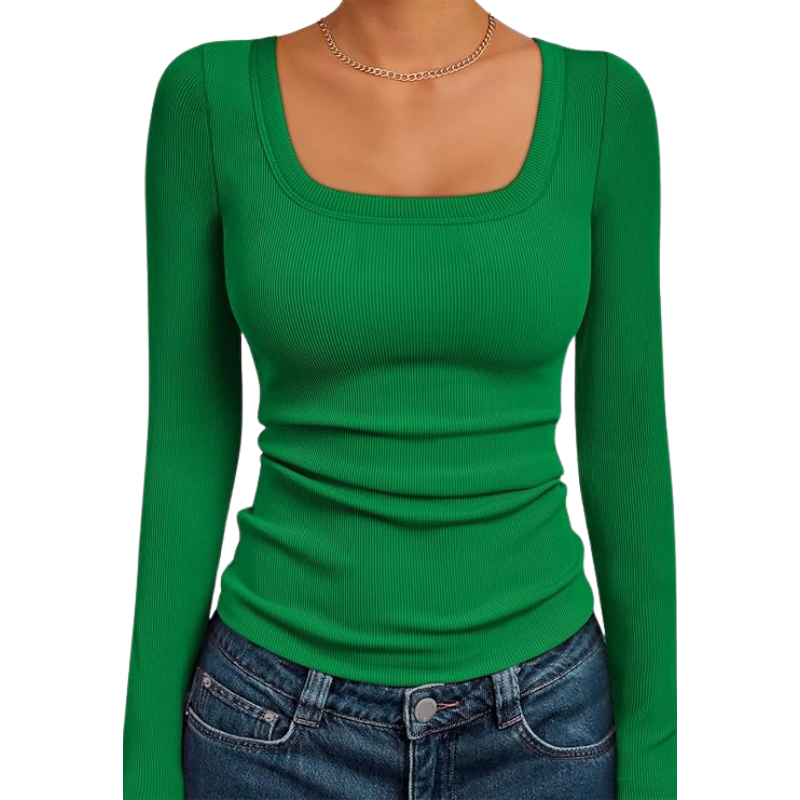Womens Ribbed Square Neck Top Long Sleeve Slim Fit Basic Shirt For Fall Winter Spring Casual Crop Tee