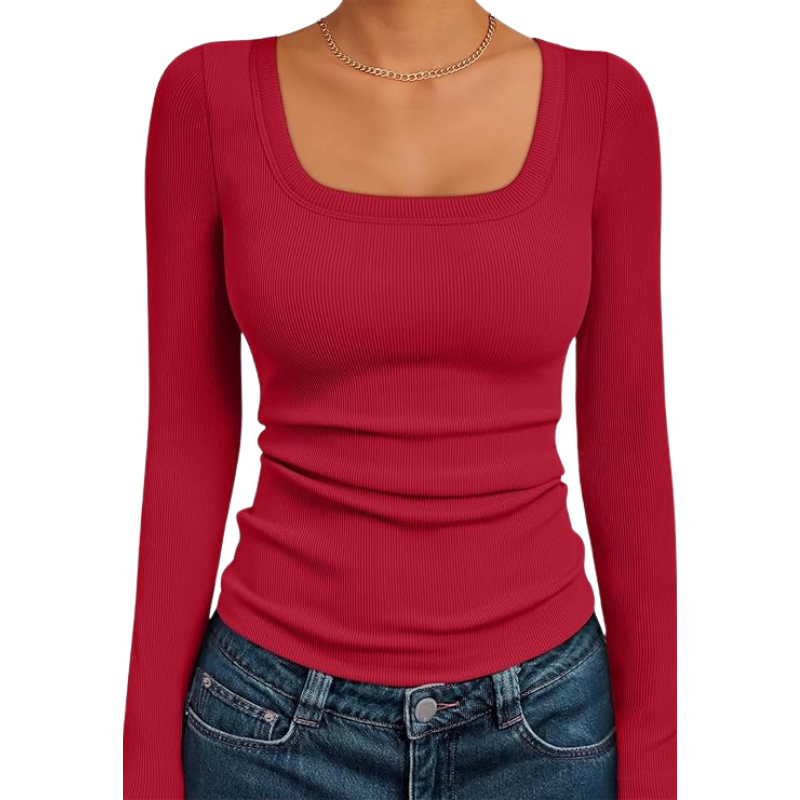 Womens Ribbed Square Neck Top Long Sleeve Slim Fit Basic Shirt For Fall Winter Spring Casual Crop Tee
