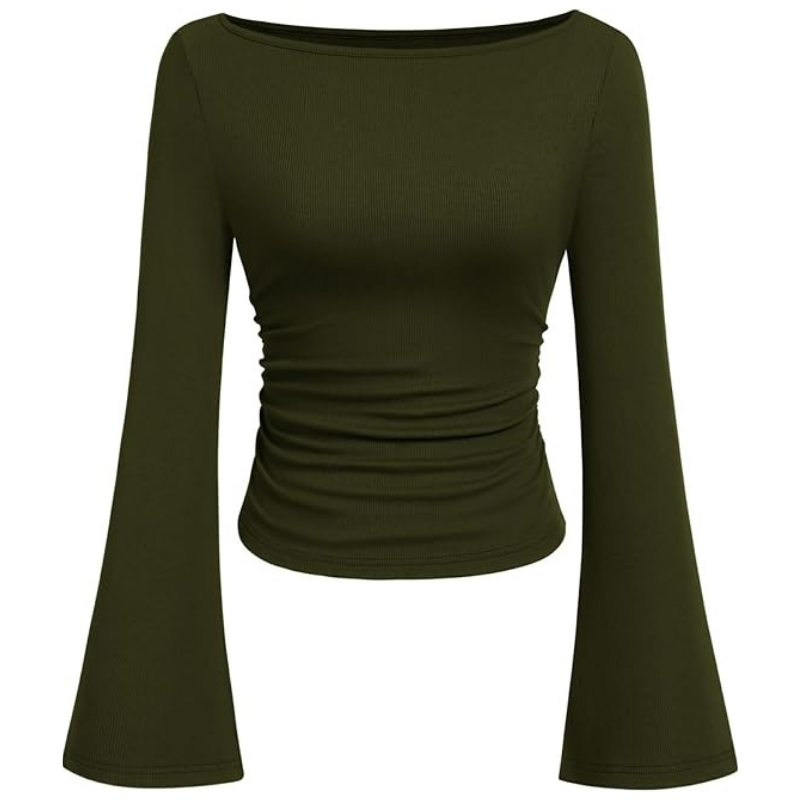 Ribbed Crop Top With Long Bell Sleeve For Women