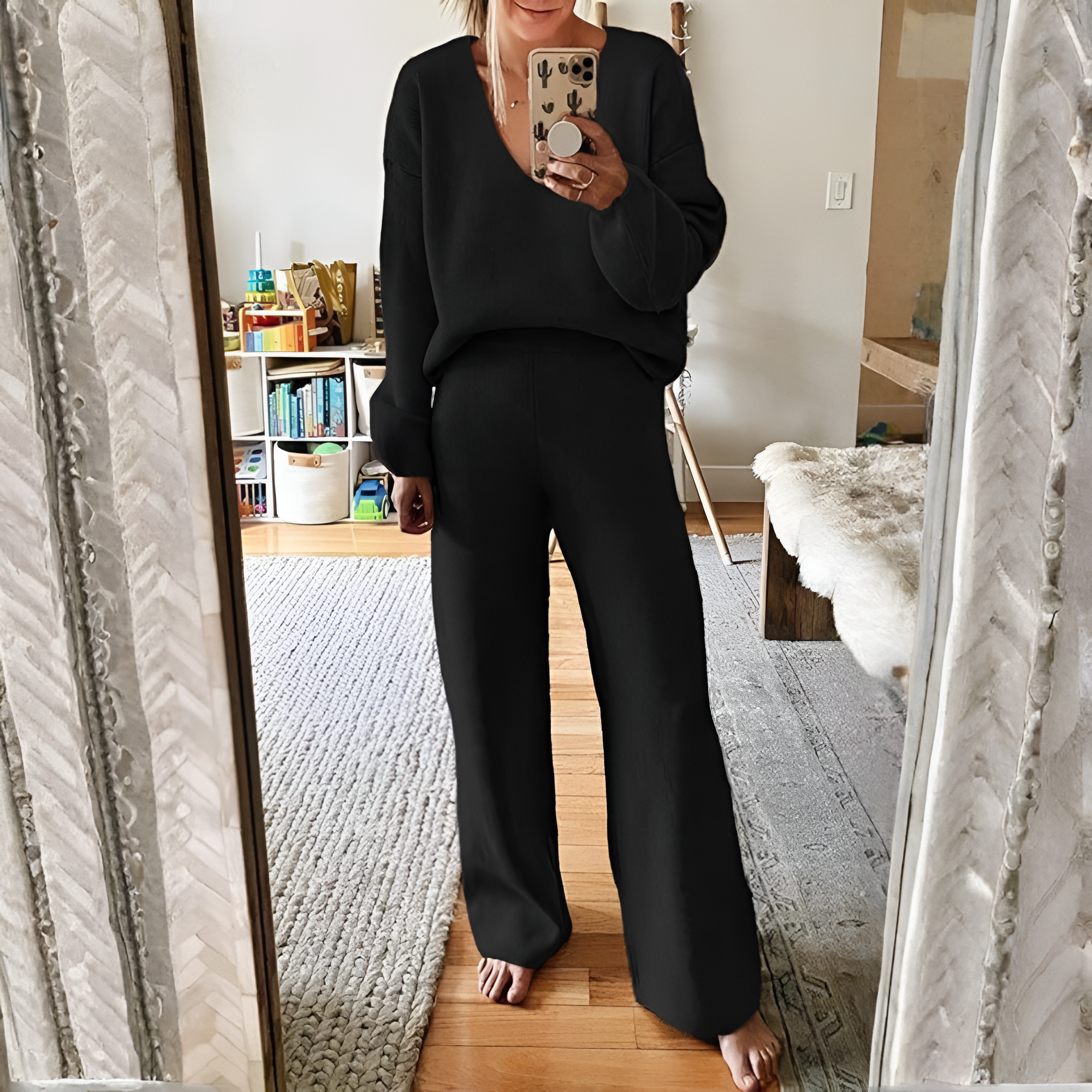 Two Piece Casual Knit Lounge Set With Sweater Top And Pants For Women