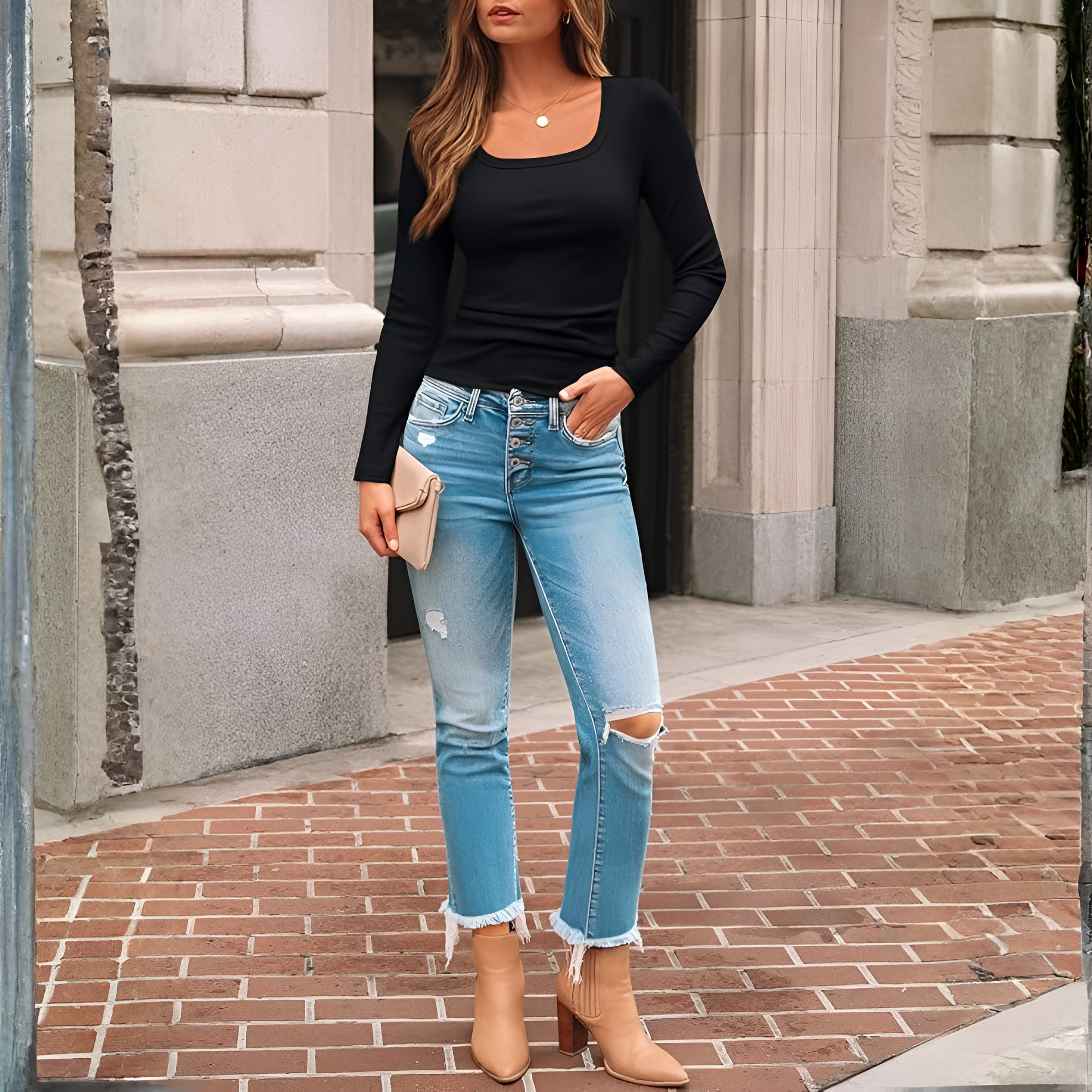 Ribbed Square Long Sleeve Crop Slim Fit Top For Women