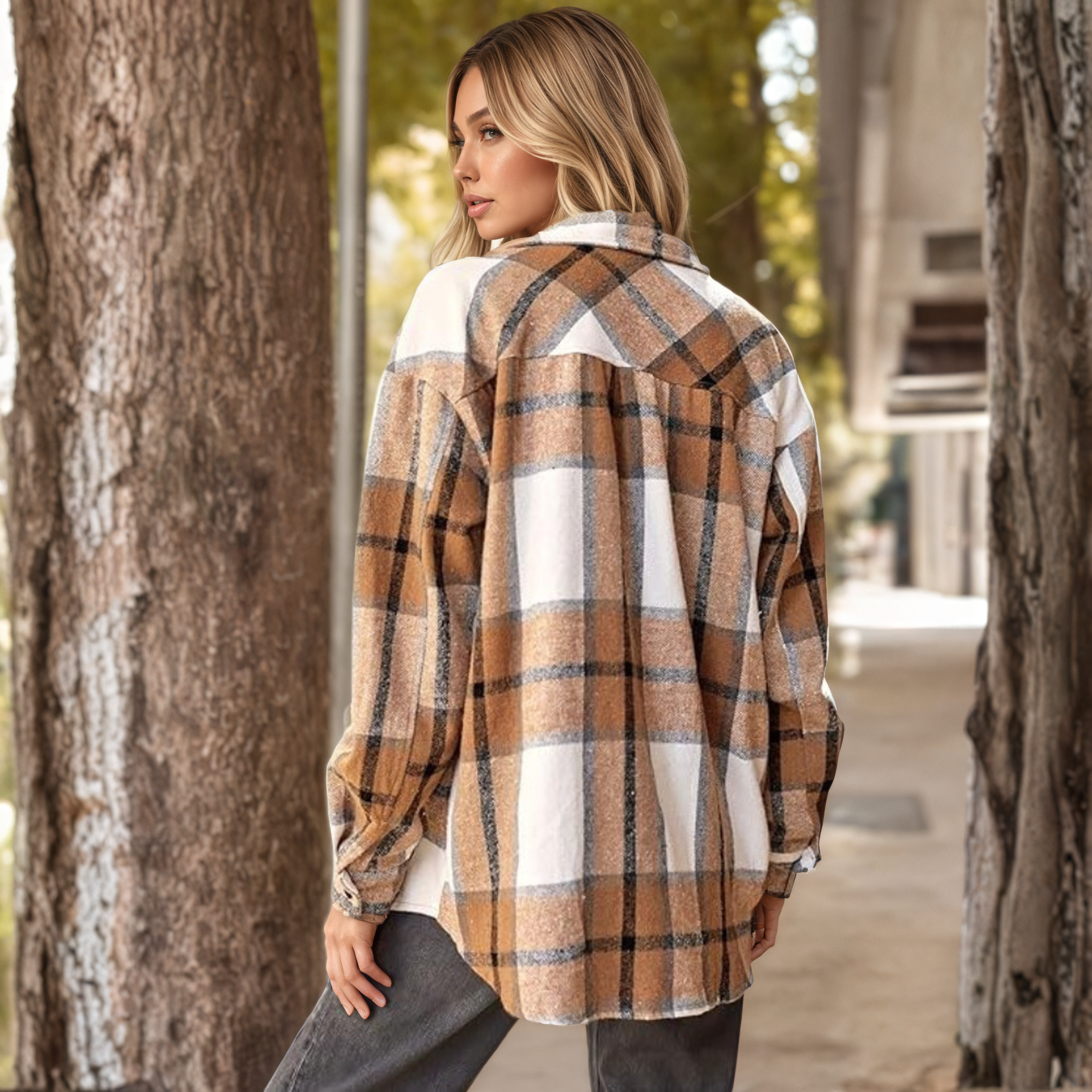 Plaid Flannel Shacket With Long Sleeve Button Down Style For Women