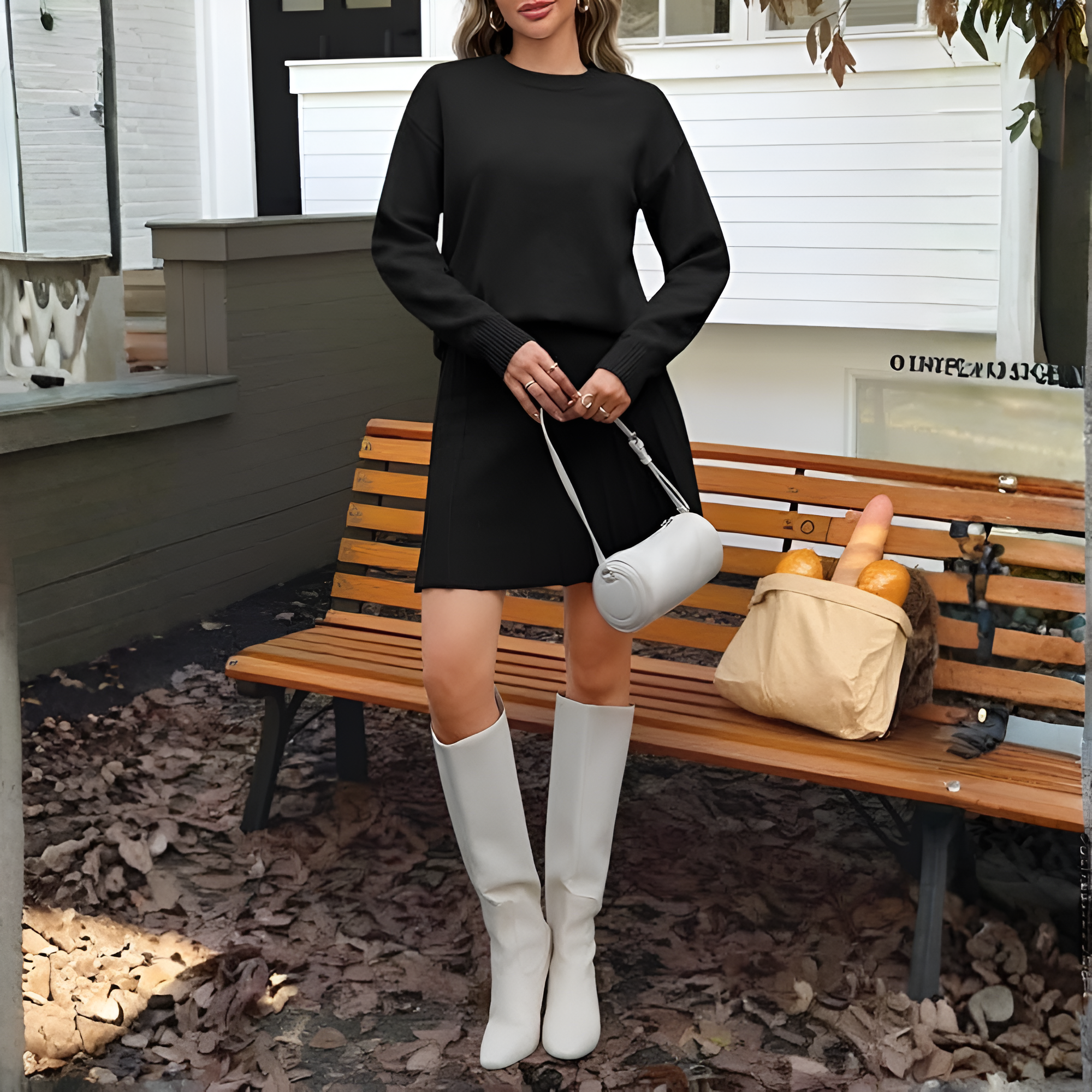 2 Piece Lounge Outfit With Knit Sweater And Pleated Mini Skirt Set For Women