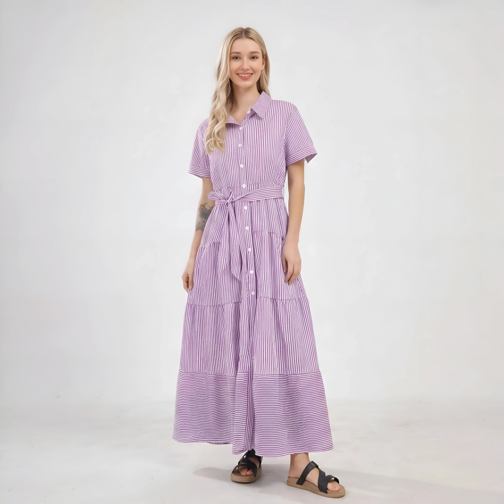 Casual Striped Short Sleeve Ruffled Button Tie Maxi For Women