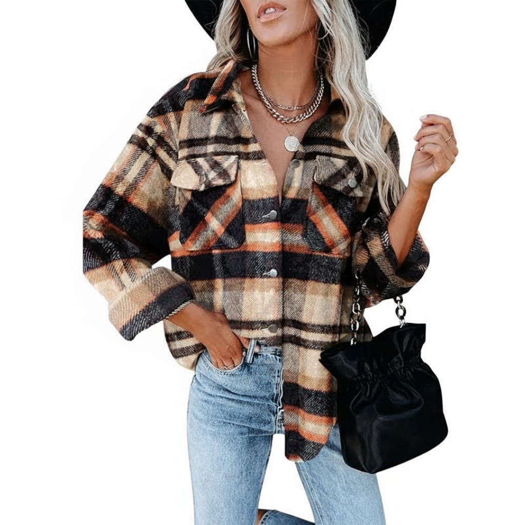 Plaid Flannel Shacket With Long Sleeve Button Down Style For Women