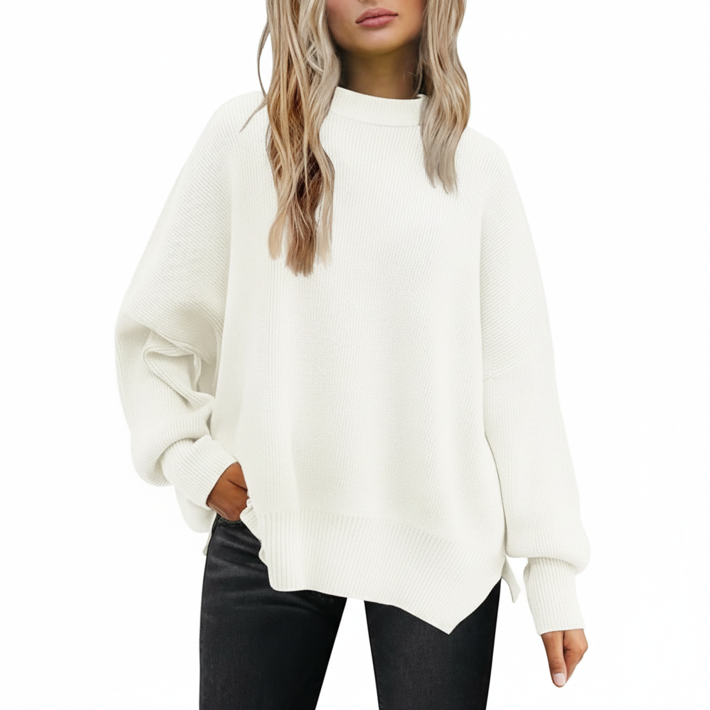 Oversized Batwing Knit Side Slit Pullover Sweater For Women