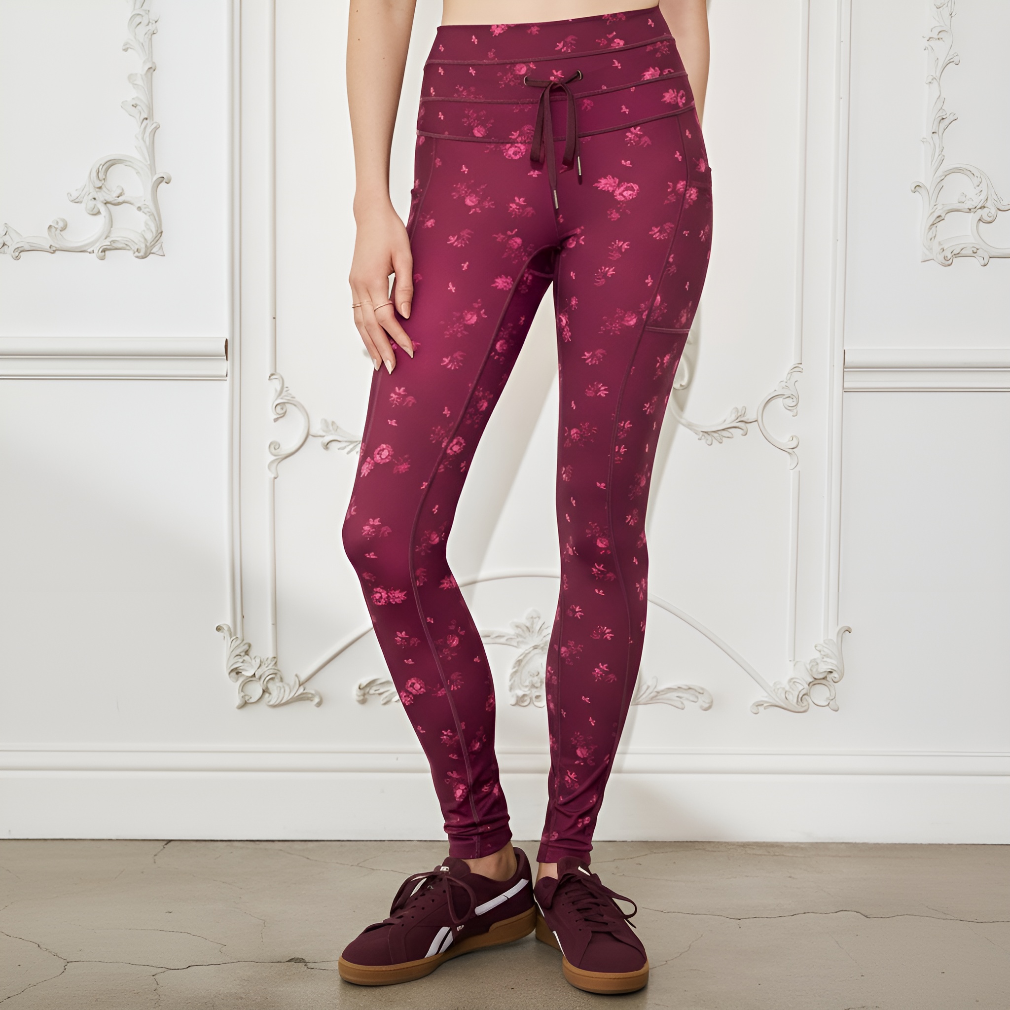 Floral Print Stretch Cargo Leggings With Pockets For Women