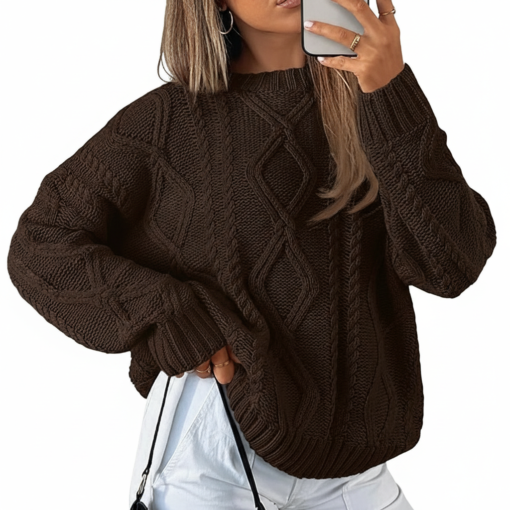 Oversized Cable Knit Sweater Crewneck Cozy Fall Pullover Top For Women