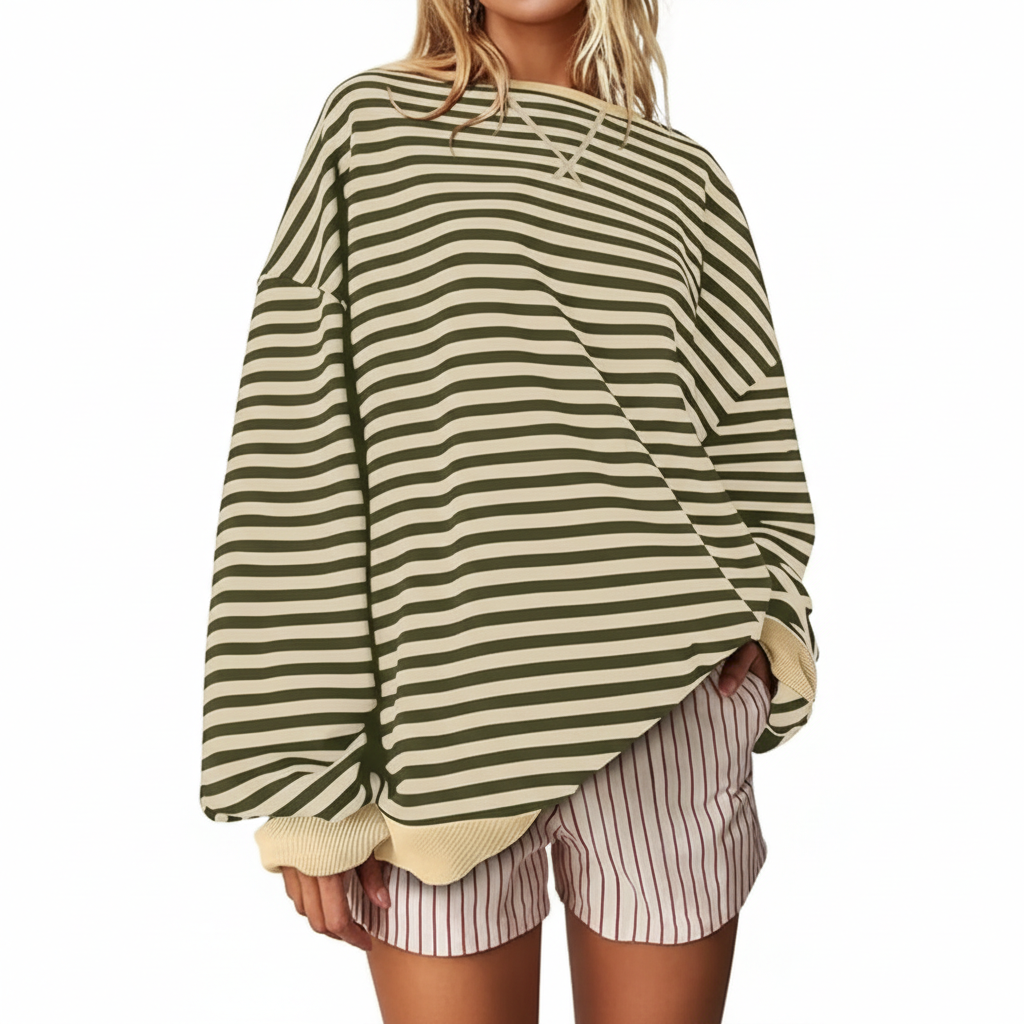 Women Oversized Striped Crewneck Sweatshirt Long Sleeve