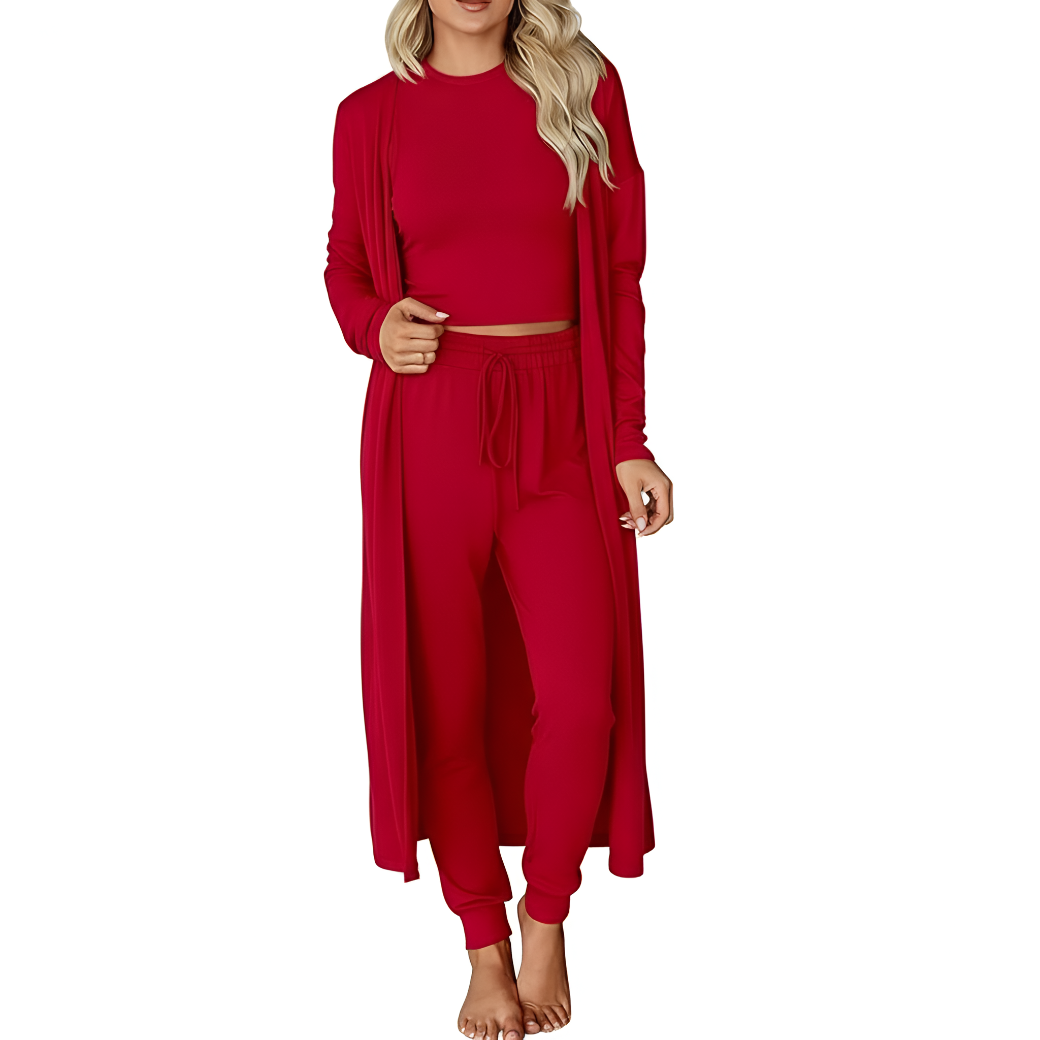 Three Piece Travel Lounge Set With Cardigan Matching Top And Jogger For Women