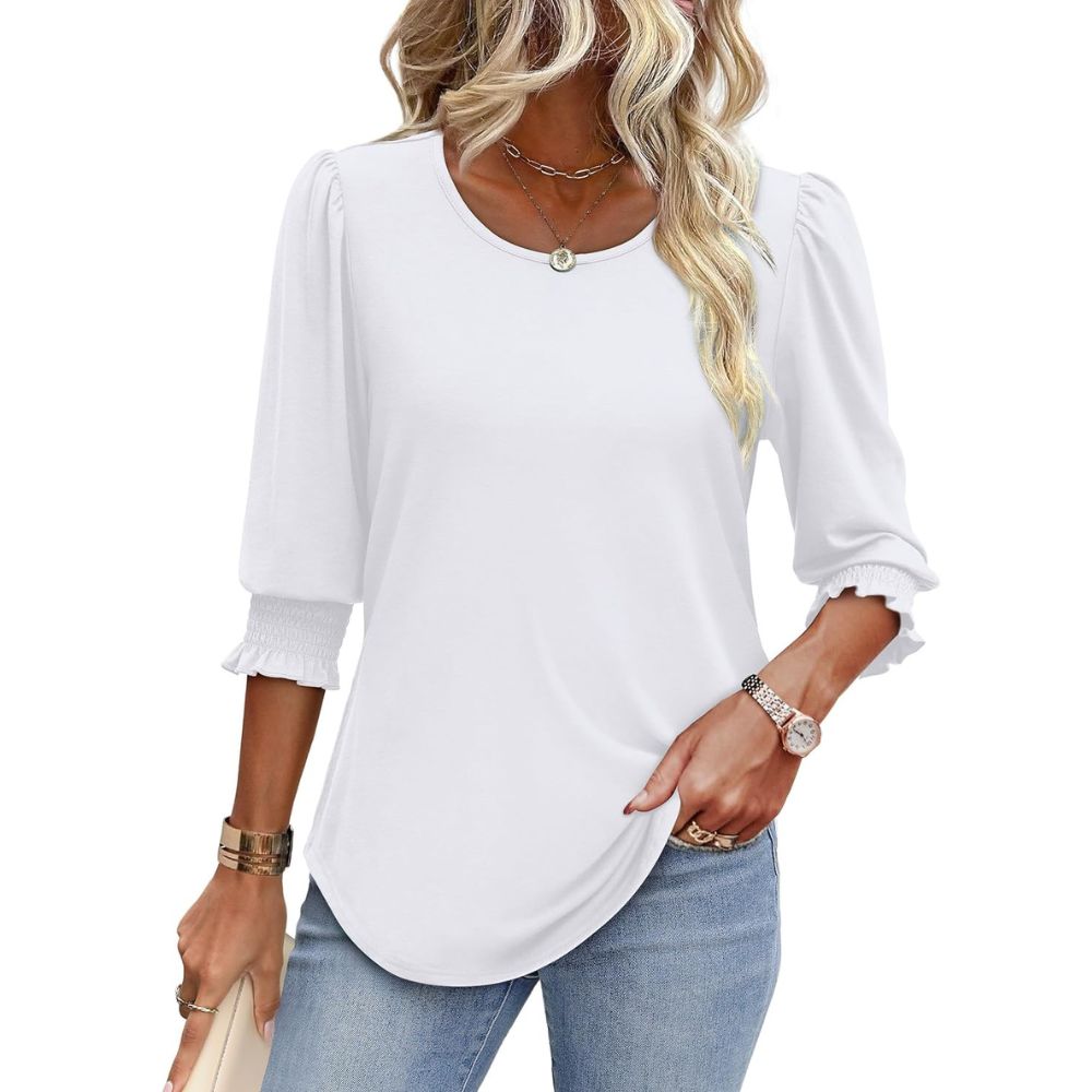 Dressy Casual 3/4 Length Sleeve Women's Tops with Smocked Cuffs