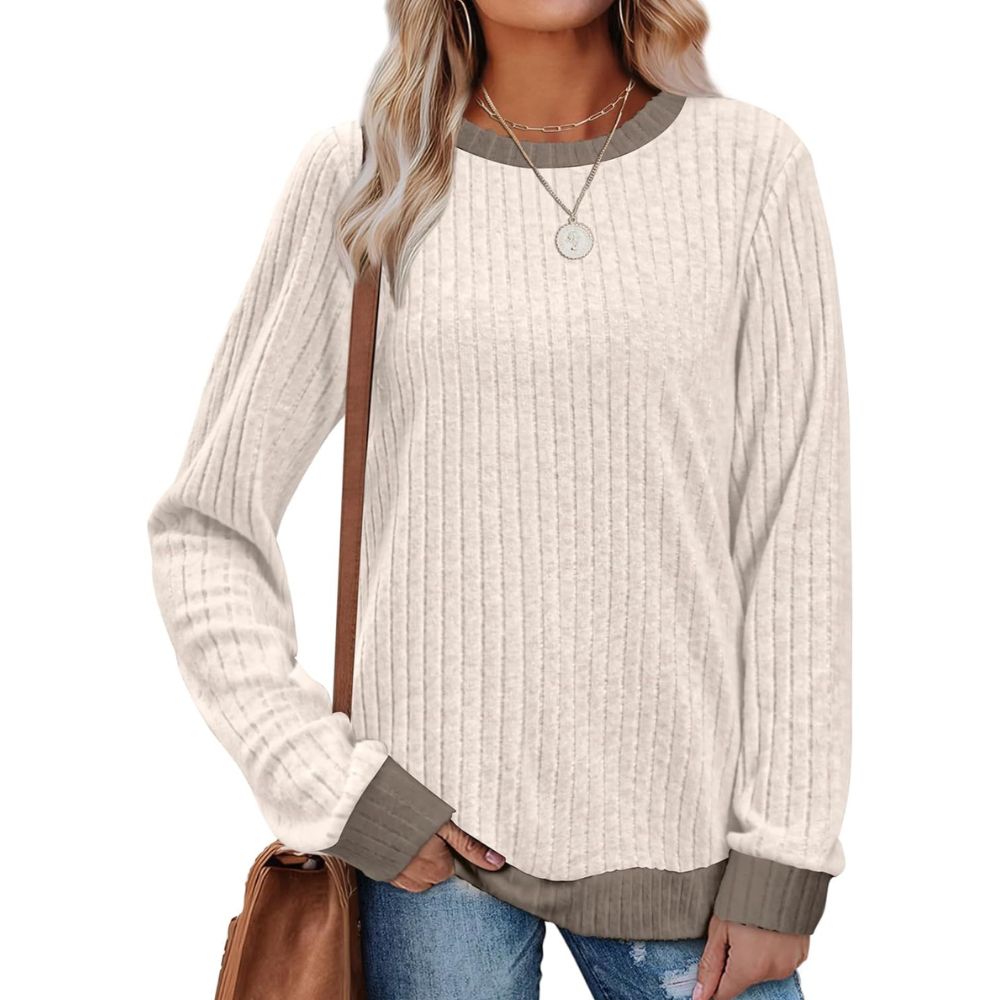 Tops Long Sleeve Shirts Lightweight Sweaters Loose Fit Crewneck Color Block