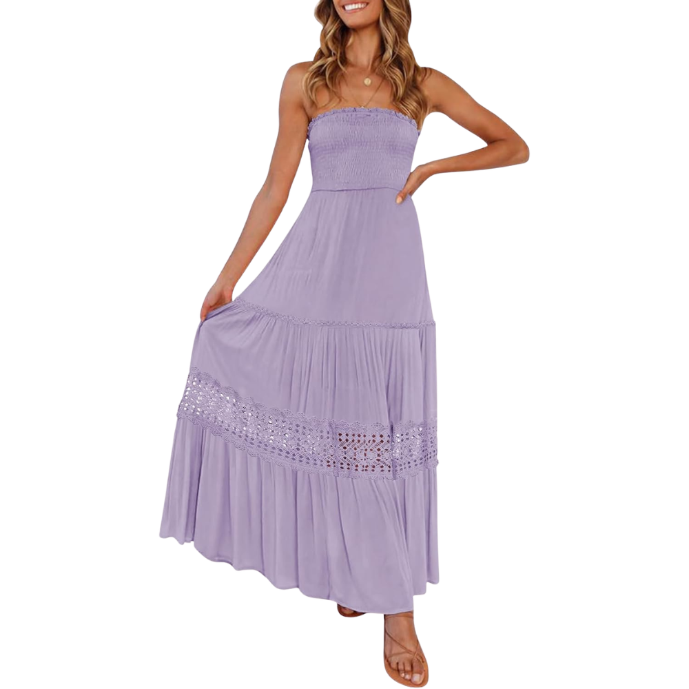 Summer Boho Off Strapless Flowy Lace Line Maxi Dresses For Women
