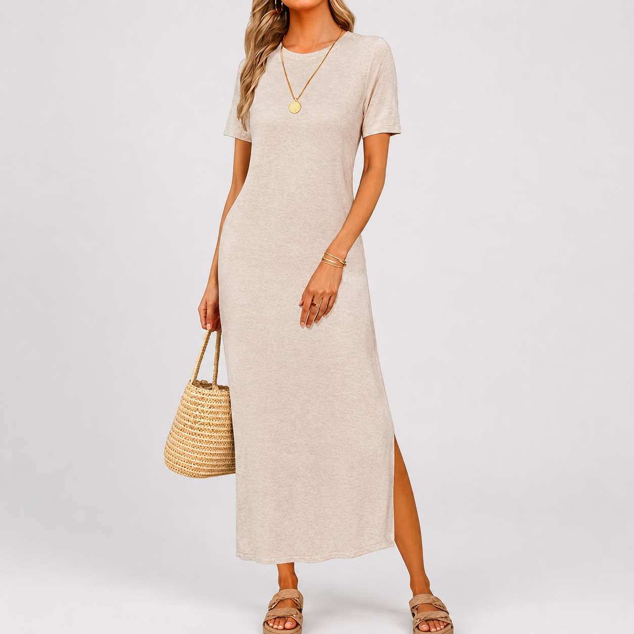 Soft Knit Lightweight Short Sleeve Casual Maxi Dress For Women 